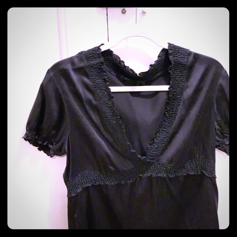 Black smocked waist short sleeve blouse